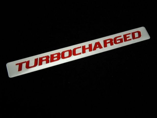 TWO Turbocharged Turbo Charged Engine Fender Hood Emblems Badge Silver Red Pair