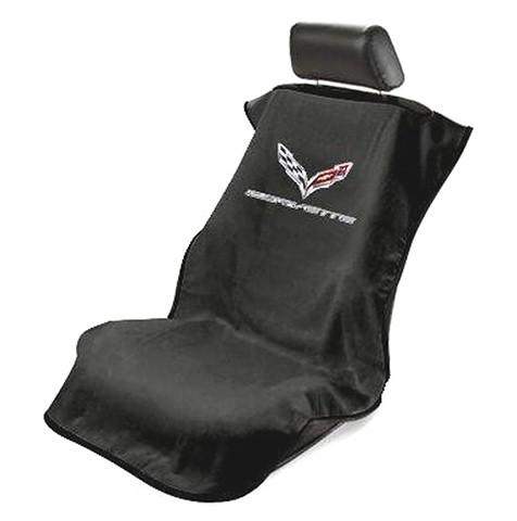 C7 Corvette Stingray Black Corvette Seat Armor, Seat Covers, PAIR with C7 flag logo