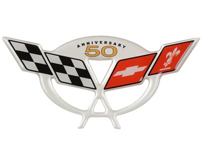 C5 Corvette Crossed Flag 50th Anniversary Air Intake Bridge Raised 3D Domed Emblem Logo C5 Corvette Crossed Flag 50th Anniversary Air Intake Bridge Raised 3D Domed Emblem Logo