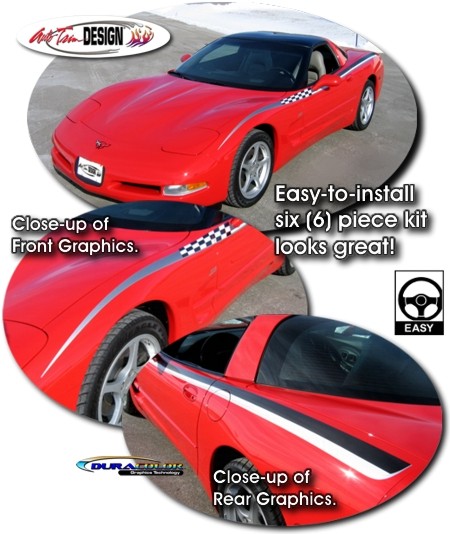 C4 Corvette Body Side Race Stripe Graphic Kit, Style 1, Charcoal/Silve & Red/White