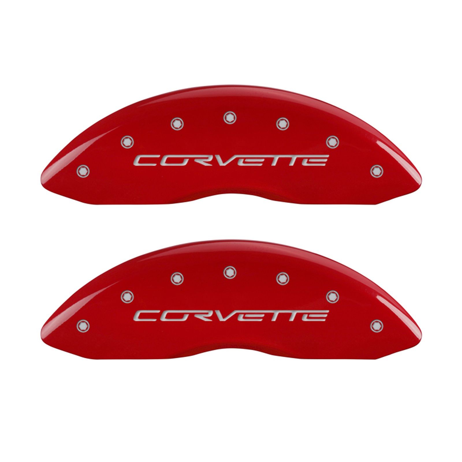 C6 Corvette 2005-13 Brake Caliper Covers, Corvette Logo, Aluminum, Red Finish, Silver Corvette, Set of 4