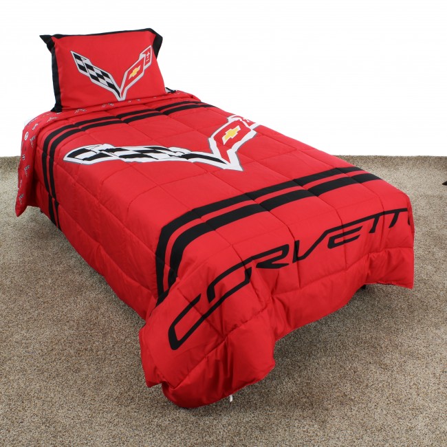 C7 Corvette Crossed Flags Reversible Comforter Set, Full: 90" x 80"