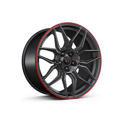 Corvette C8 Z06 21x13-Inch Forged Aluminum Spider-Design Rear Wheel in Satin Graphite with Red Stripe