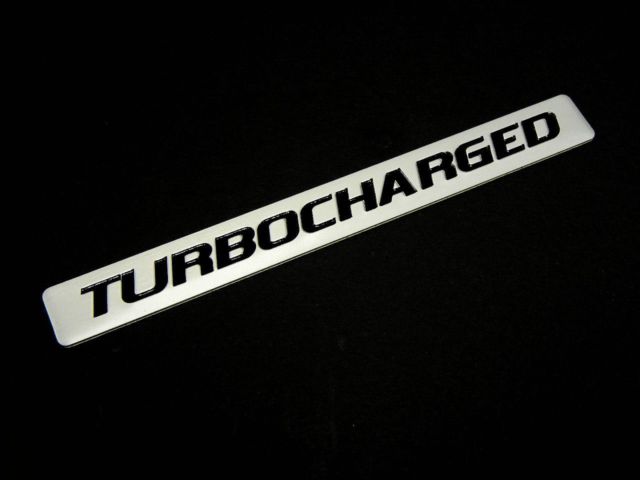 TWO Turbocharged Turbo Charged Engine Fender Hood Emblems Badge Silver Black Pair