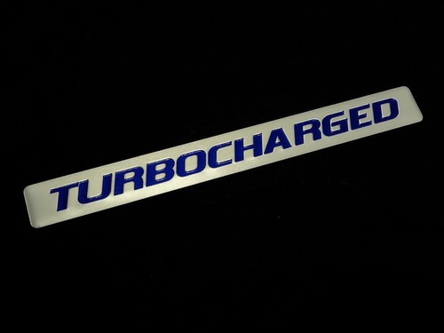 TWO Turbocharged Turbo Charged Engine Fender Hood Emblems Badge Silver Blue Pair