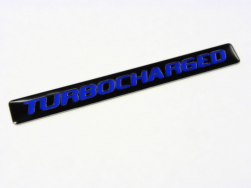 TWO Turbocharged Turbo Charged Engine Fender Hood Emblems Badge Black Blue Pair
