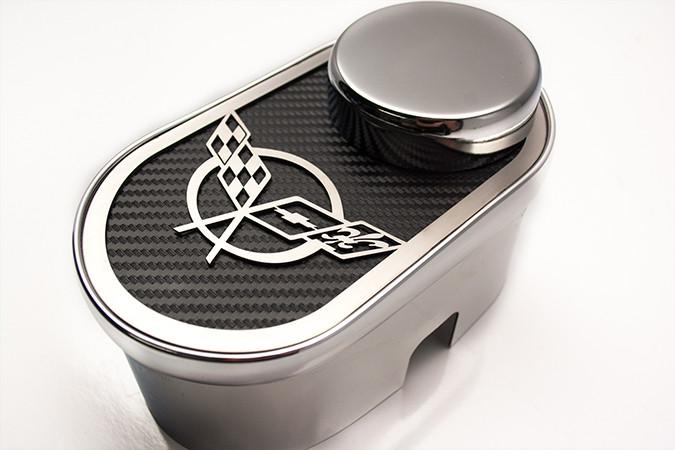 1997-2004 C5 Corvette, Master Cylinder Cover Crossed Flags /cap cover CF WHITE, Stainless Steel