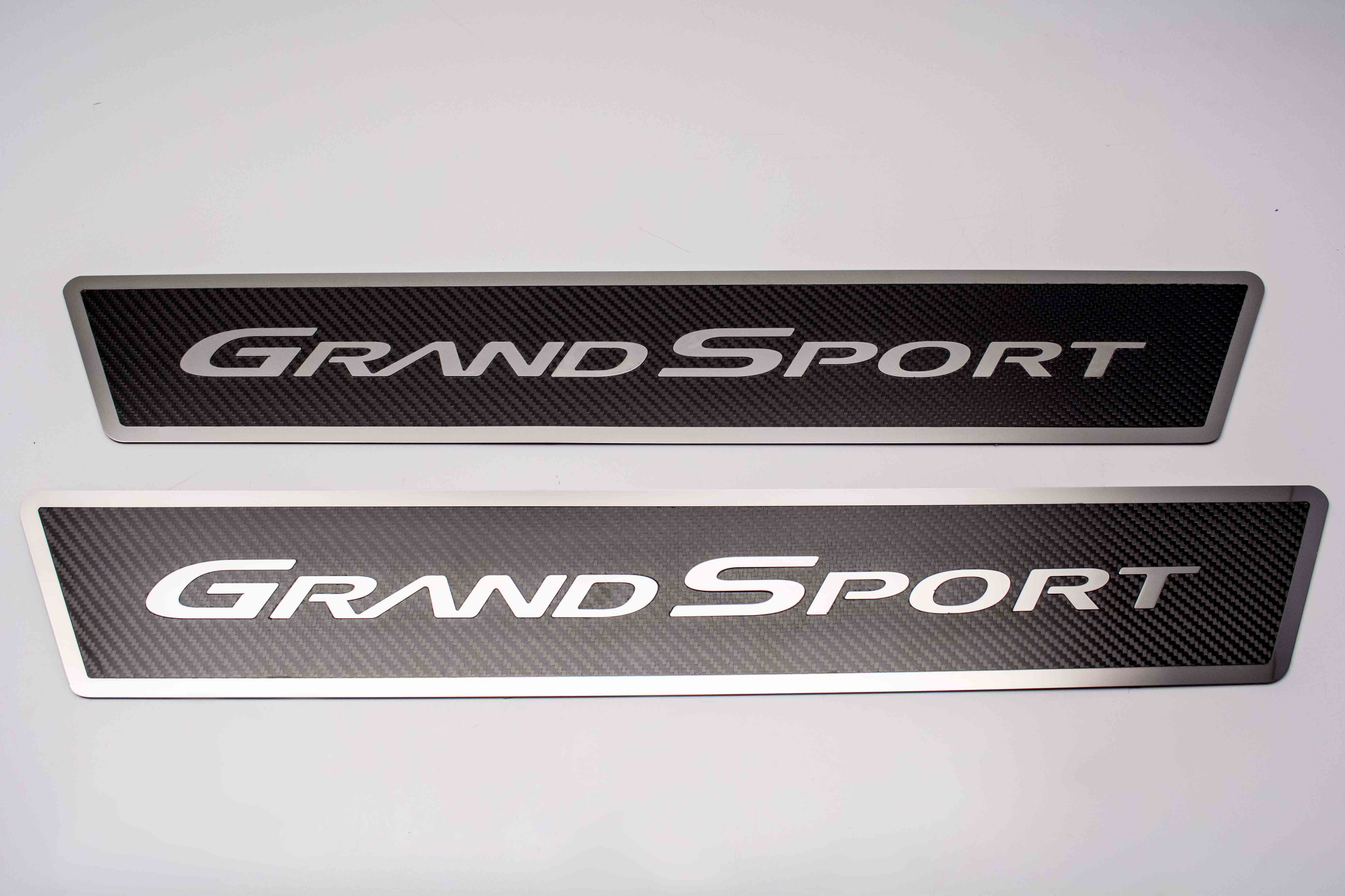2009-2013 C6 Grand Sport Corvette, Outer Door Sills Carbon Fiber w/ Polished Stainless Steel  Inlay "Grand Sport", Stainless Ste
