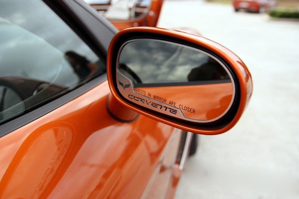 2005-2013 C6 Corvette, Mirror Trim Side View Cross Flag Style Auto Dim 2pc GML, Stainless Steel