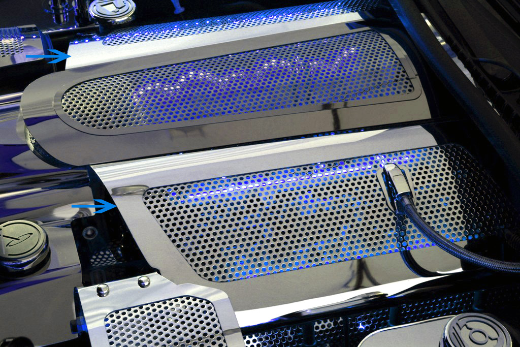 2008-2013 C6 Corvette, LS3, Fuel Rail Covers Perforated Replacement w/cap C6 08-13 Illum. Blue LED, Stainless Steel
