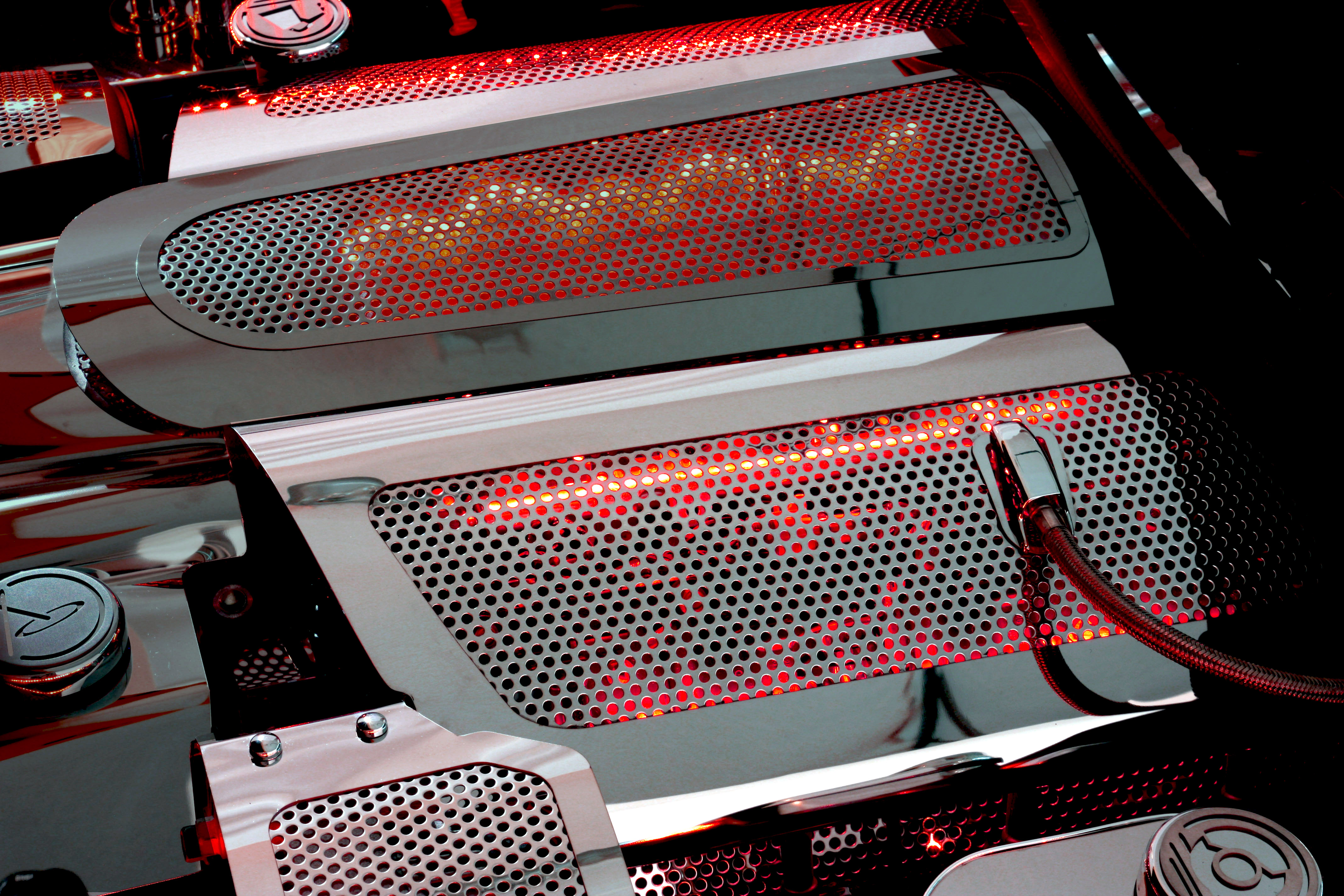 2008-2013 C6 Corvette, LS3, Fuel Rail Covers Perforated Replacement w/cap C6 08-13 Illum. Green LED, Stainless Steel