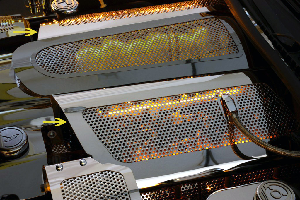 2008-2013 C6 Corvette, LS3, Fuel Rail Covers Perforated Replacement w/cap C6 08-13 Illum. Yellow LED, Stainless Steel