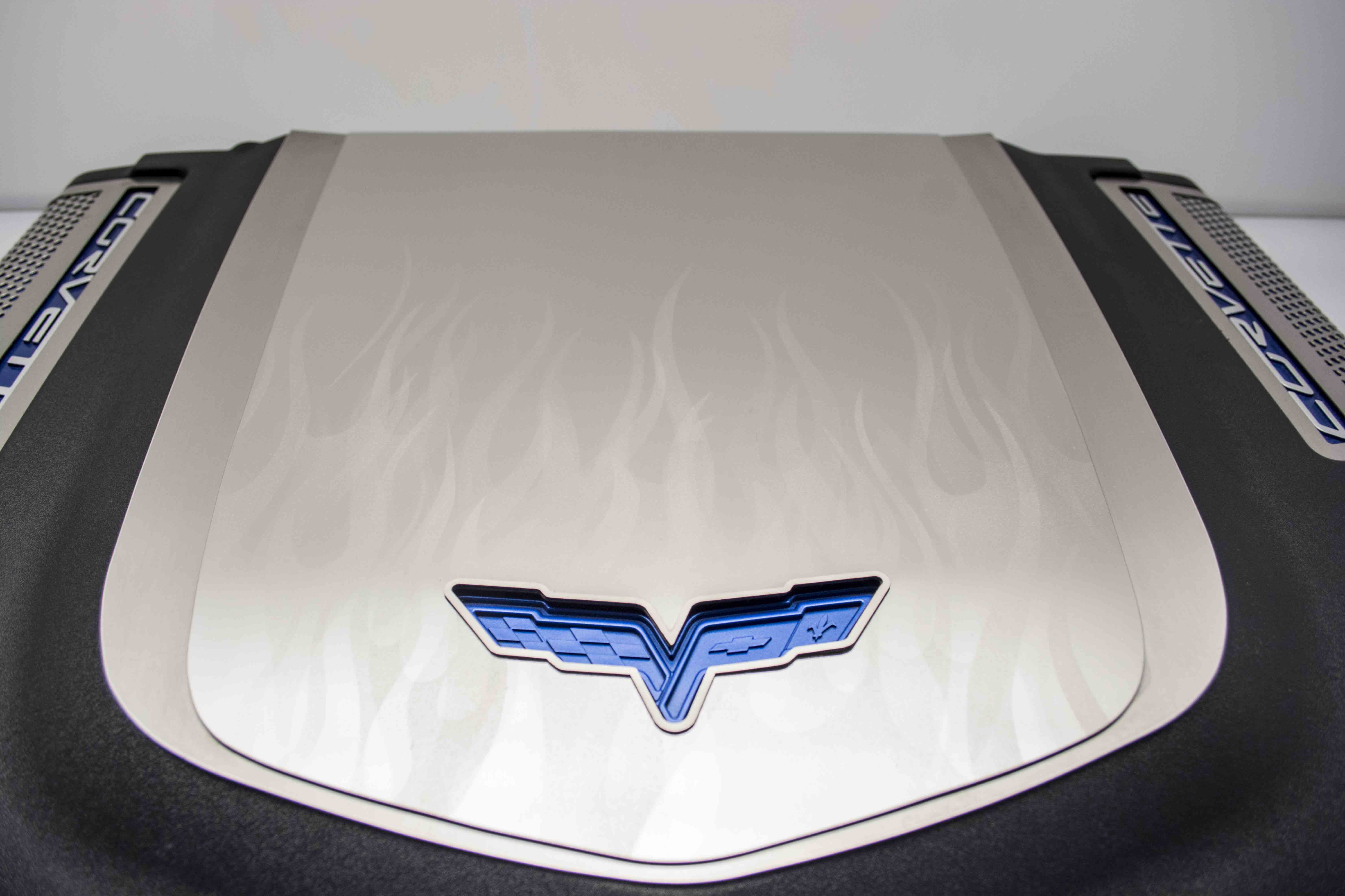 2009-2013 C6 ZR1 Corvette, Engine Shroud Cover ZR1 2pc Flame Etched, Stainless Steel