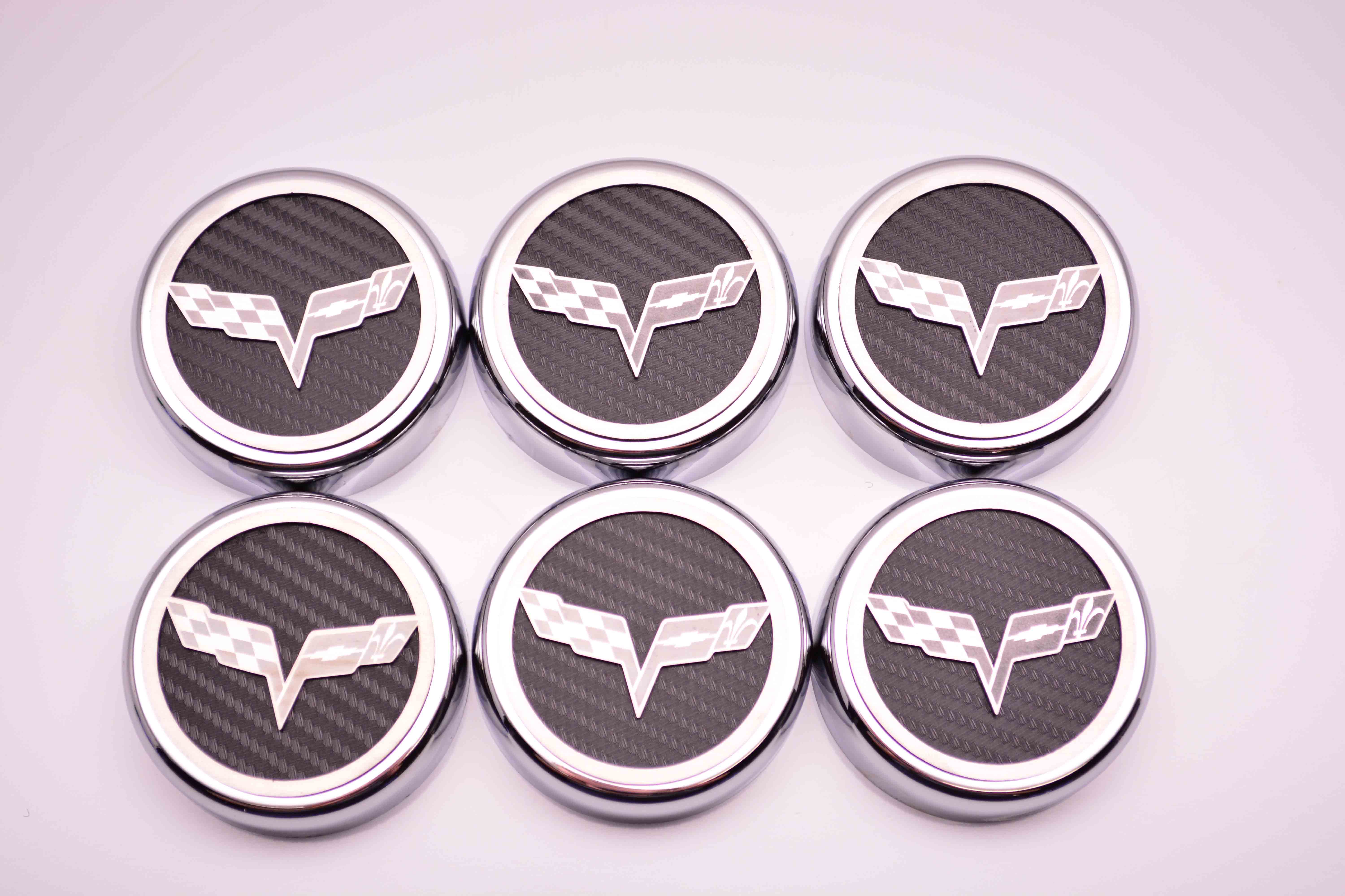 2005-2008 C6 Corvette, Cap Cover Set Crossed Flags 6pc Manual, Black, Stainless Steel