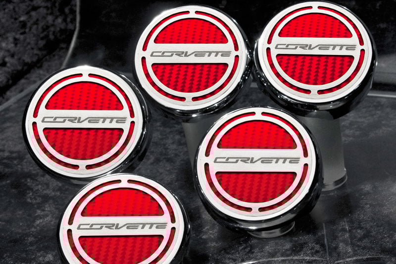 2014-2019 Chevrolet Z06/C7 Corvette AUTO, Fluid Cap Cover Set 5pc, American Car Craft Black 5pc Corvette Font Carbon