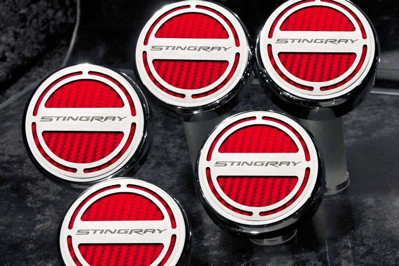 2014-2019 Chevrolet Z06/C7 Corvette AUTO, Fluid Cap Cover Set 5pc, American Car Craft Red 5pc Stingray Font Carbon