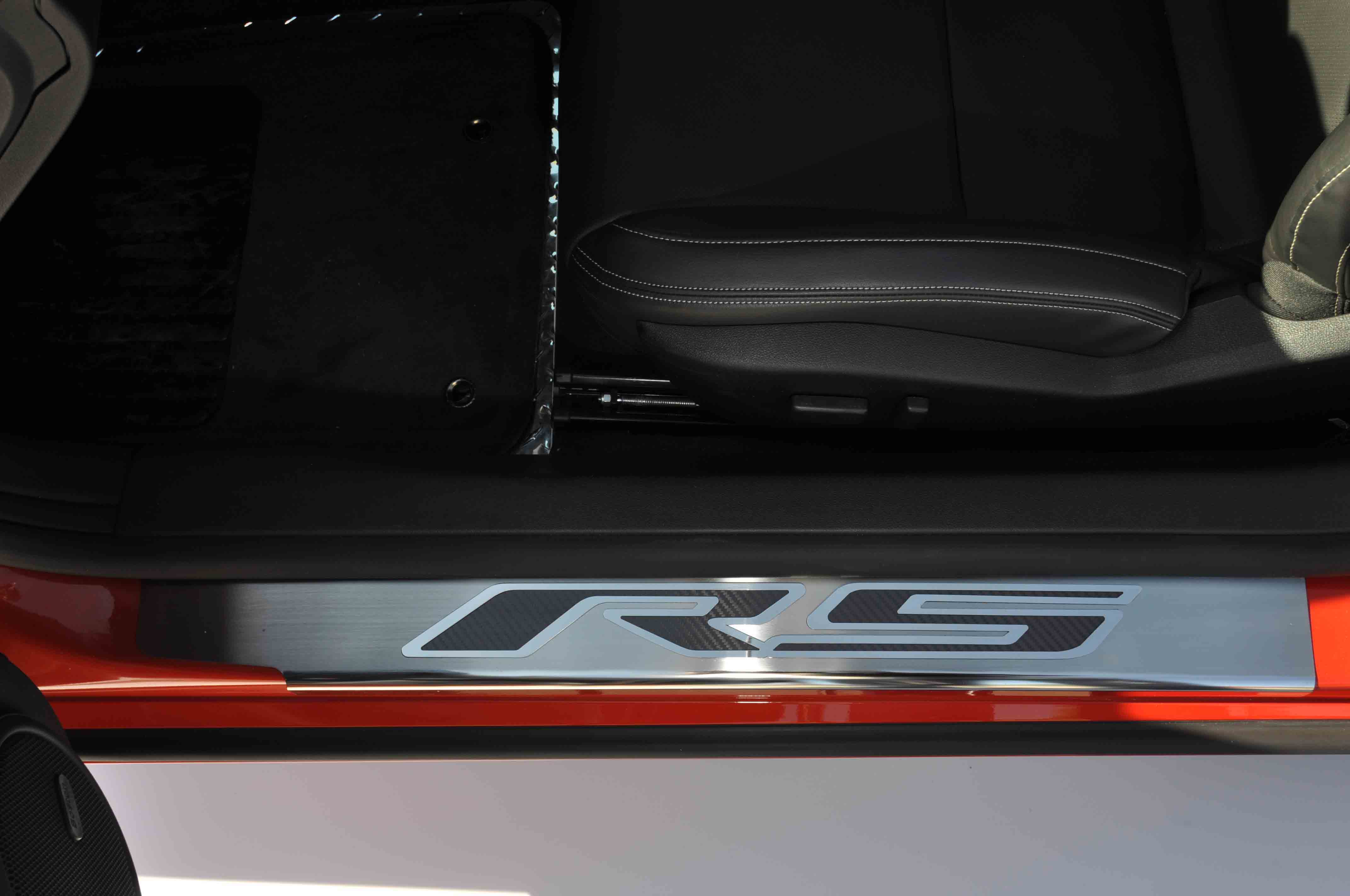 2010-2015 Camaro Doorsills Polished  "RS" 2pc  CF Orange, With ORANGE CARBON FIBER vinyl color