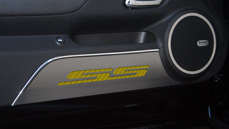 2010-2015 Camaro Door Panel Kick Plates "SS Style" Satin 2pc CF Orange, With ORANGE CARBON FIBER vinyl  color