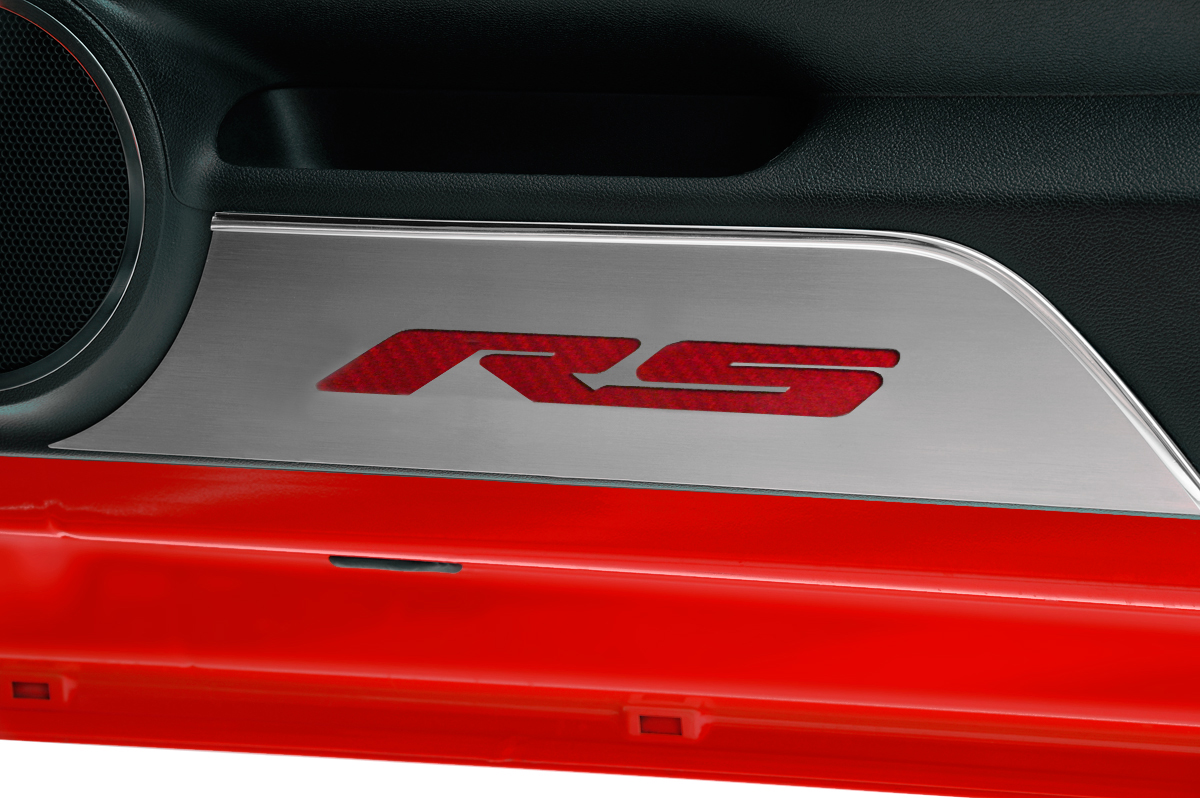 2010-2015 Camaro Door Panel Kick Plates "RS Style" Satin 2pc CF Red, With RED CARBON FIBER vinyl color