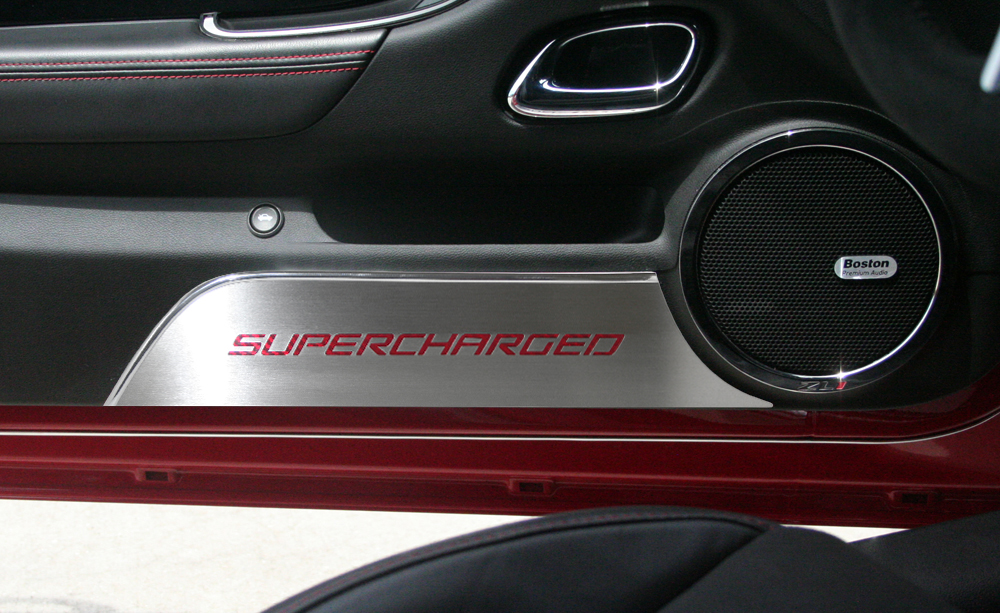 2010-2015 Camaro Door Panel Kick Plates "Supercharged Style" Satin 2pc CF Black, ; With BLACK CARBON FIBER vinyl