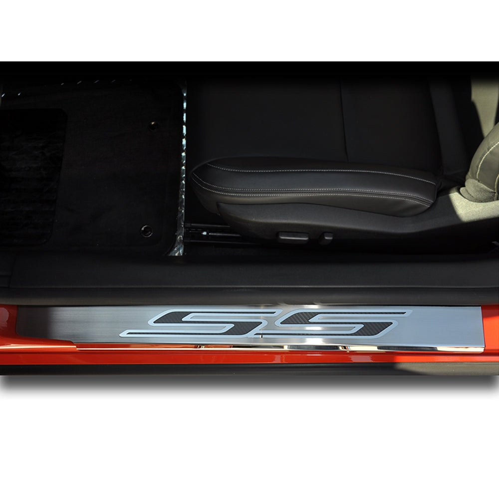 10-13 Camaro Door Sill Plates - Brushed-Polished Stainless Steel "SS" Carbon
