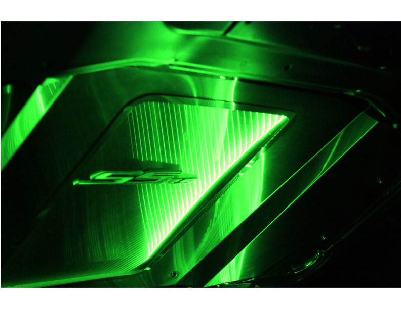 2010-2015 Camaro with Strut Bar Hood Panel Supercharged Satin Illum. Green LED, ; 103048-B-GRN - Satin finish, Illuminated