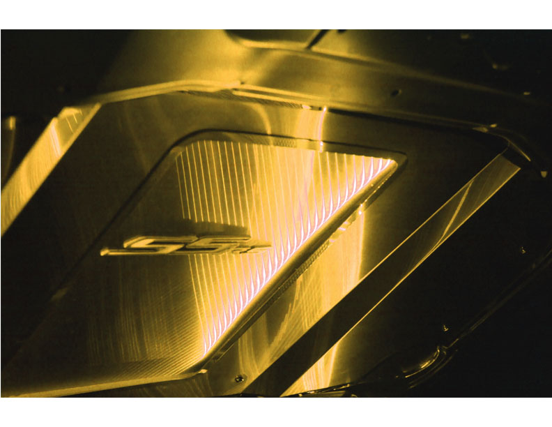 2010-2015 Camaro with Strut Bar Hood Panel Supercharged Satin Illum. Yellow LED, ; 103048-B-YLW - Satin finish, Illuminated