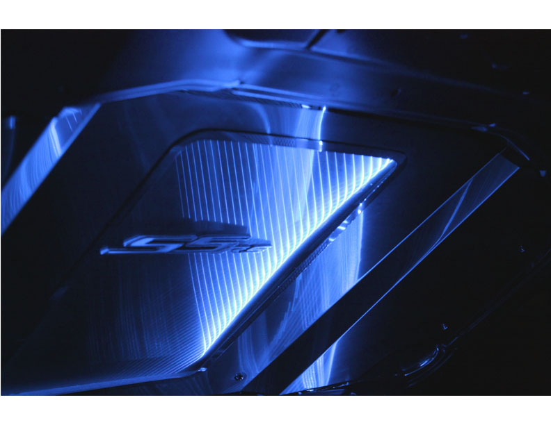 2010-2015 Camaro with Strut Bar Hood Panel Supercharged Polished Illum. Blue LED, ; 103048-P-BLU - Polished finish, Illumina