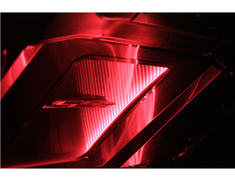 2010-2015 Camaro with Strut Bar Hood Panel Supercharged Polished Illum. Red LED, ; 103048-P-RD - Polished finish, Illuminat
