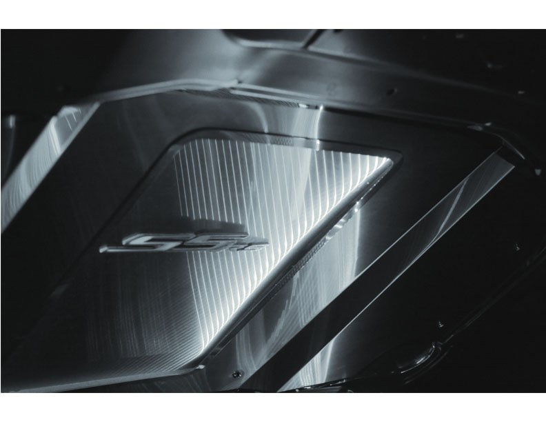 2010-2015 Camaro with Strut Bar Hood Panel Supercharged Polished Illum. White LED, ; 103048-P-WHT - Polished finish, Illumina