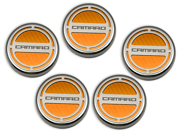 2010-2015 Camaro V6 Cap Cover Set Carbon Fiber "Camaro" Series Automatic 5pc CF Orange, Orange Carbon Fiber vinyl color, V6