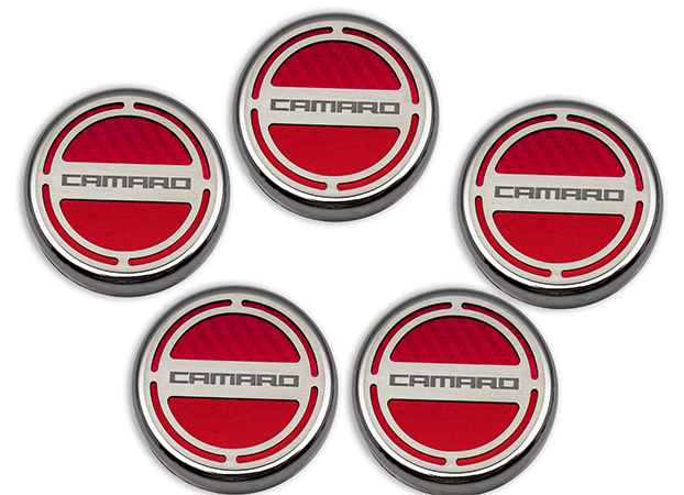 2010-2015 Camaro V6 Cap Cover Set Carbon Fiber "Camaro" Series Automatic 5pc CF Red, Red Carbon Fiber vinyl color, V6 Camaro