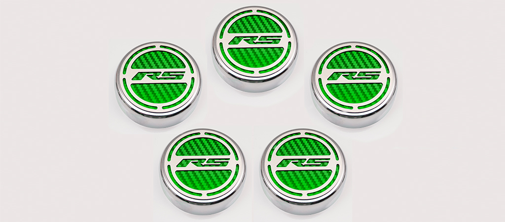 2010-2015 Camaro V6 Cap Cover Set Carbon Fiber "RS" Series Automatic 5pc CF Synergy Green, Synergy Green Solid vinyl color