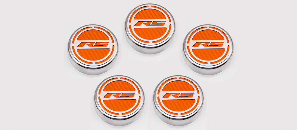 2010-2015 Camaro V6 Cap Cover Set Carbon Fiber "RS" Series Automatic 5pc CF Orange, Orange Carbon Fiber