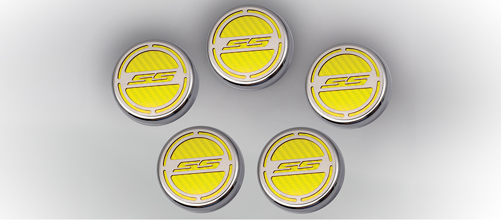 2010-2015 Camaro V8 Cap Cover Set Carbon Fiber "SS" Series Automatic 5pc CF Yellow, Yellow Carbon Fiber vinyl colo