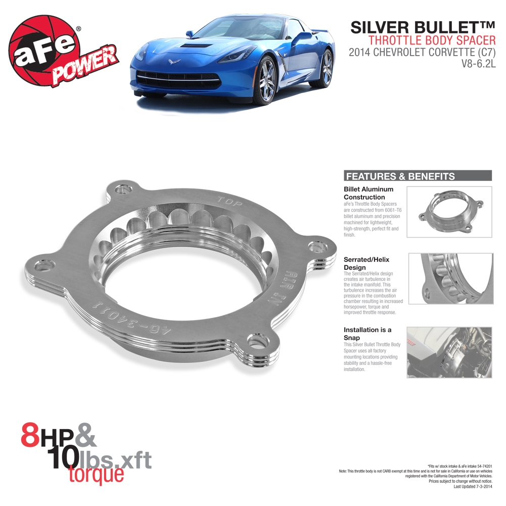 C7 Corvette Stingray LT1 AFE Silver Bullet Throttle Body Spacer, max gains of 8 HP