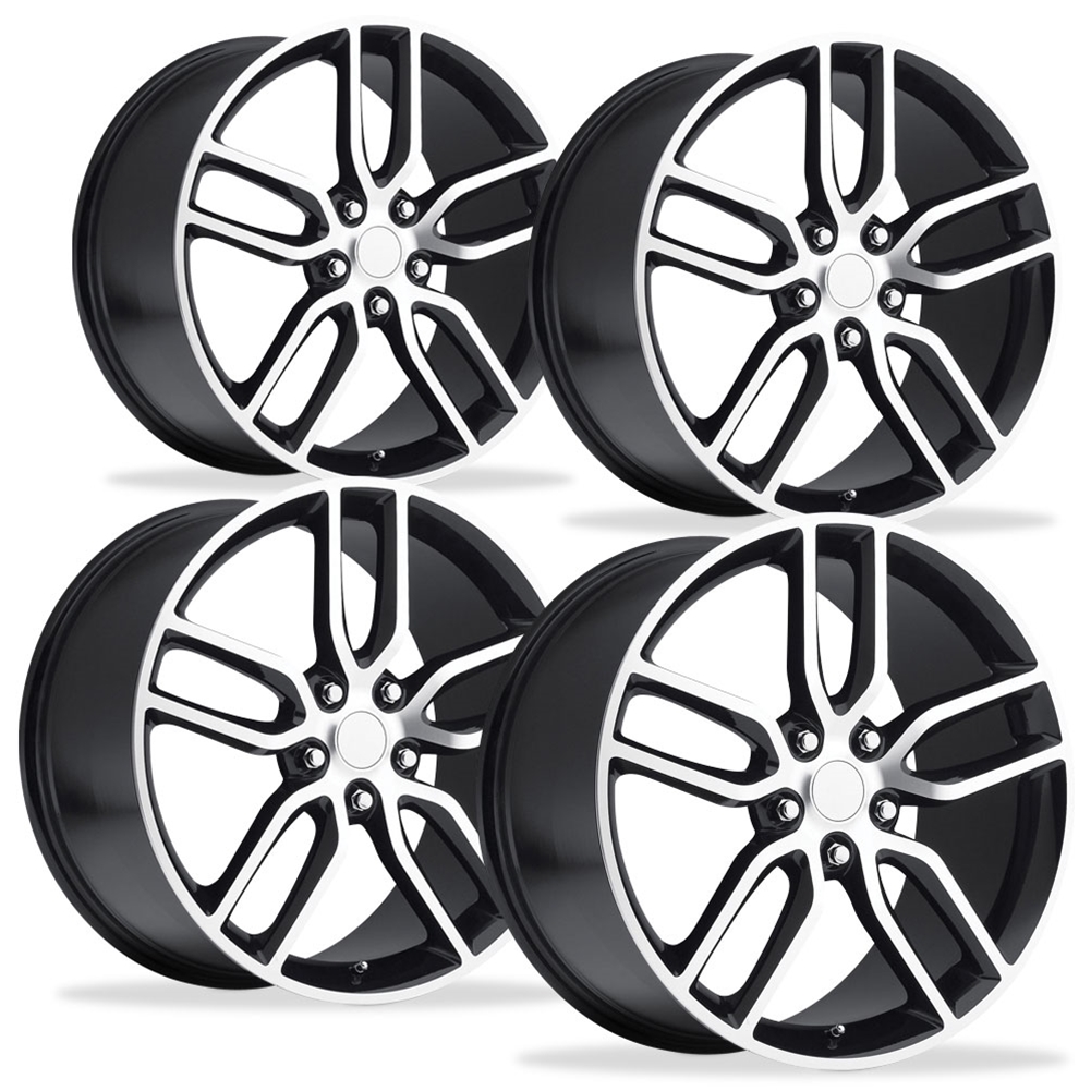 C7 Corvette, Satin Black Reproduction Z51 Split Spoke Wheels, Front 19"x8.5"/20"x10" C6/C7 Corvette Offset