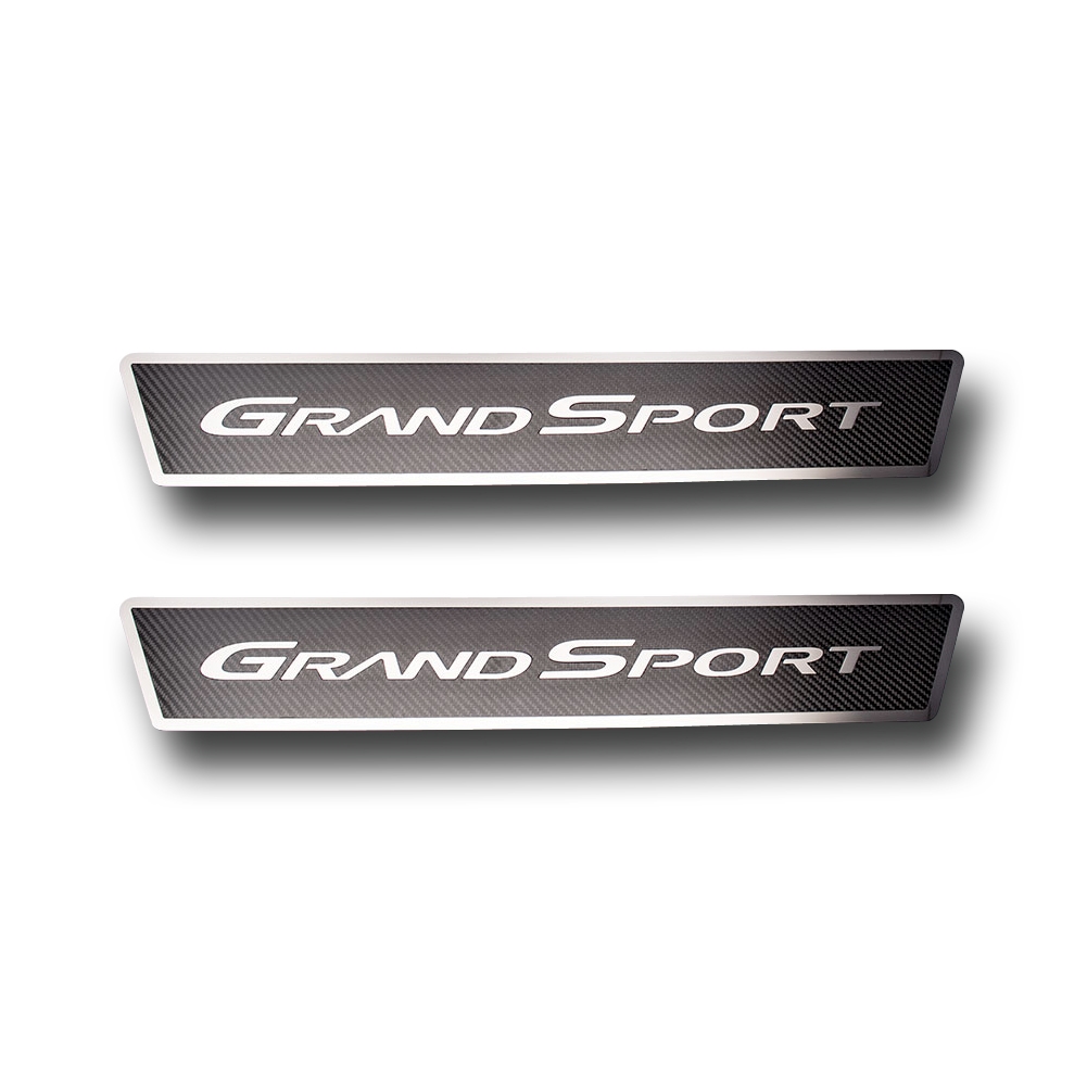 C6 Corvette Door Sill Plates, Stainless Steel Grand Sport Script with Carbon Fiber Overlay