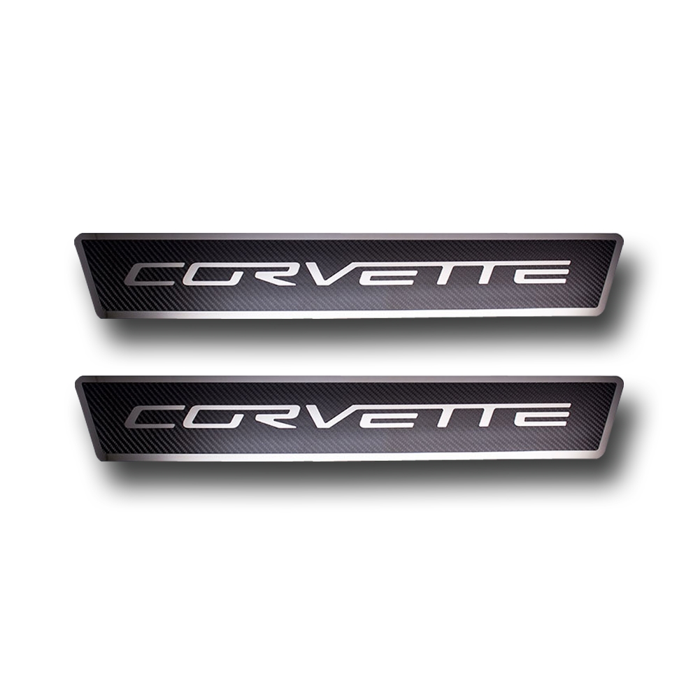 C6 Corvette Door Sill Plates, Stainless Steel Corvette Script with Carbon Fiber Overlay, 2005-2013