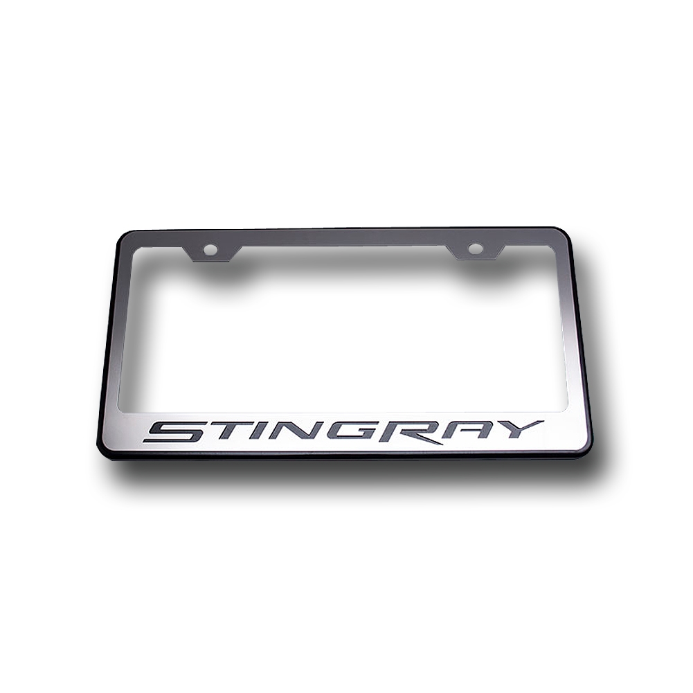 C7 Corvette Stingray License Plate Frame, Black w/Polished Stainless Steel Overlay, STINGRAY Script