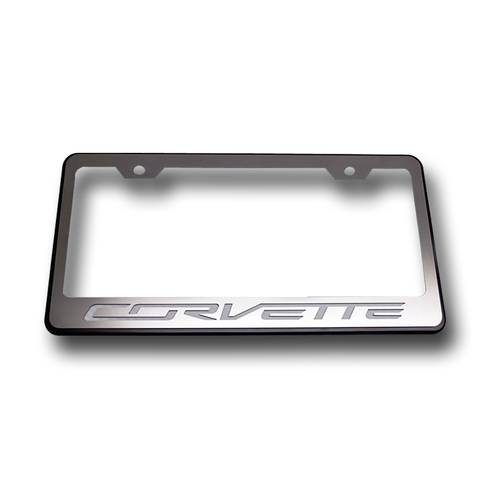 C7 Corvette Stingray License Plate Frame, Black w/Stainless Steel Overlay, Carbon Fiber "CORVETTE" Script