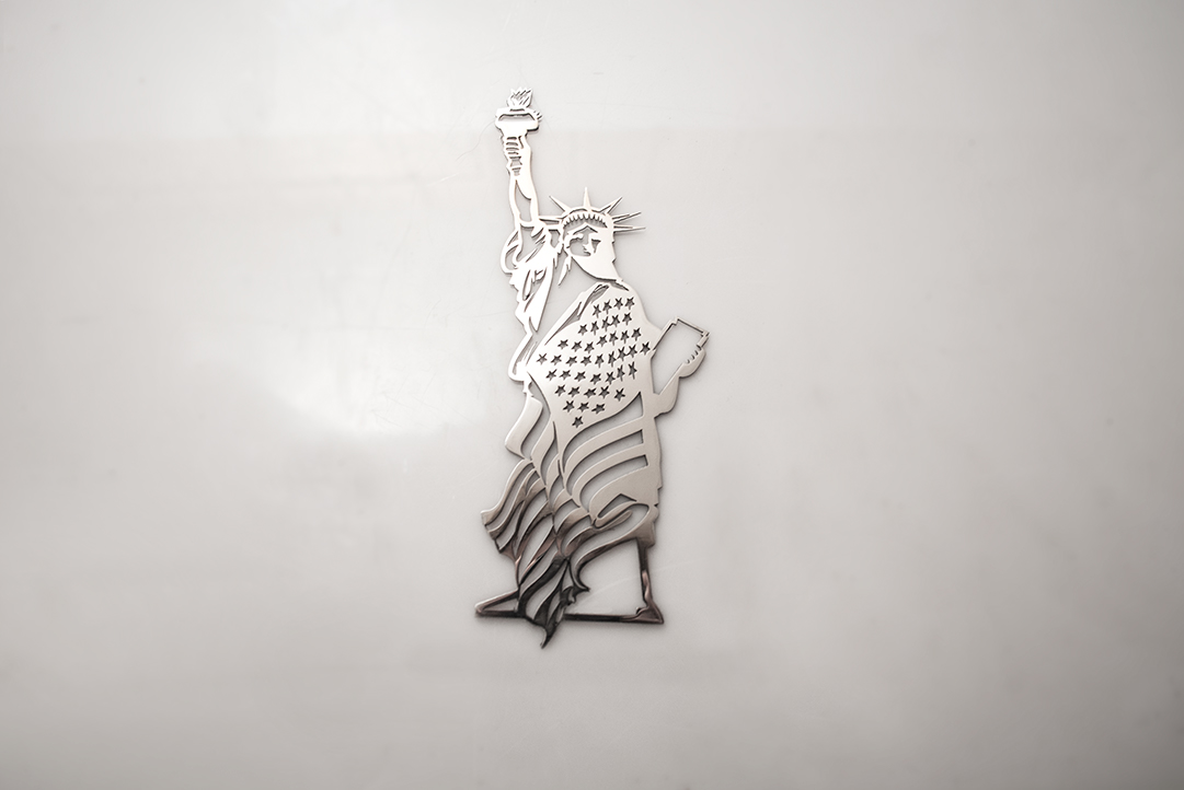 Univeral Lady Liberty Flag Emblem Lady Liberty Flag Emblem Polished Stainless 1pc, ; Sold as a 1-Piece Unit, ; Polished chrome