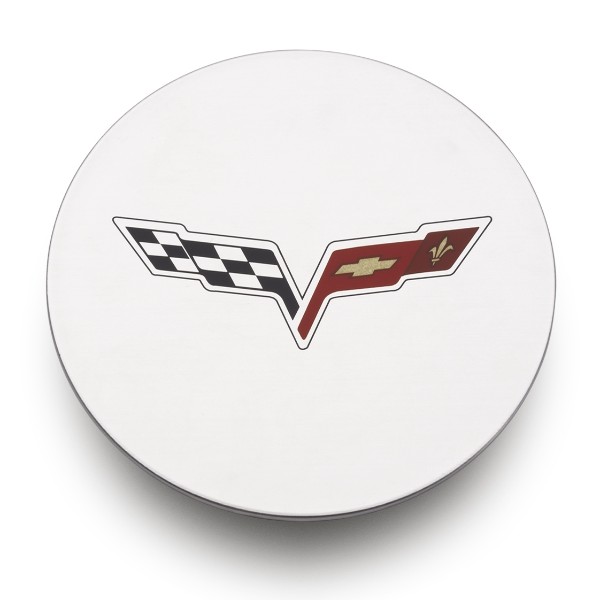 C6 Corvette Wheel Center Cap, Crossed-Flag Logo, Bright Polished, Single