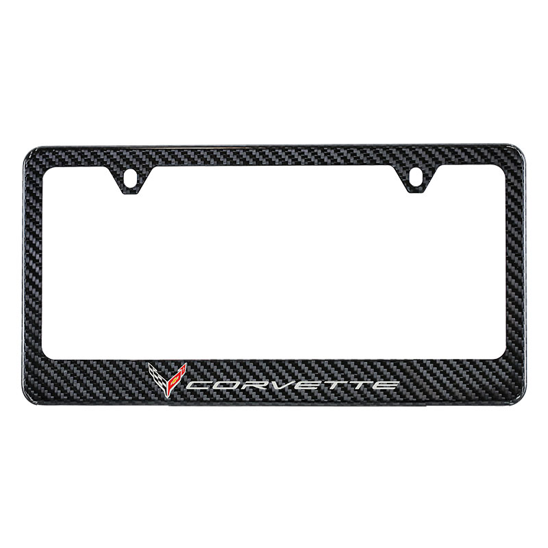 C8 Corvette 2020+ Stingray License Plate Frame, Visible Carbon Fiber, Corvette Crossed Flags Logo