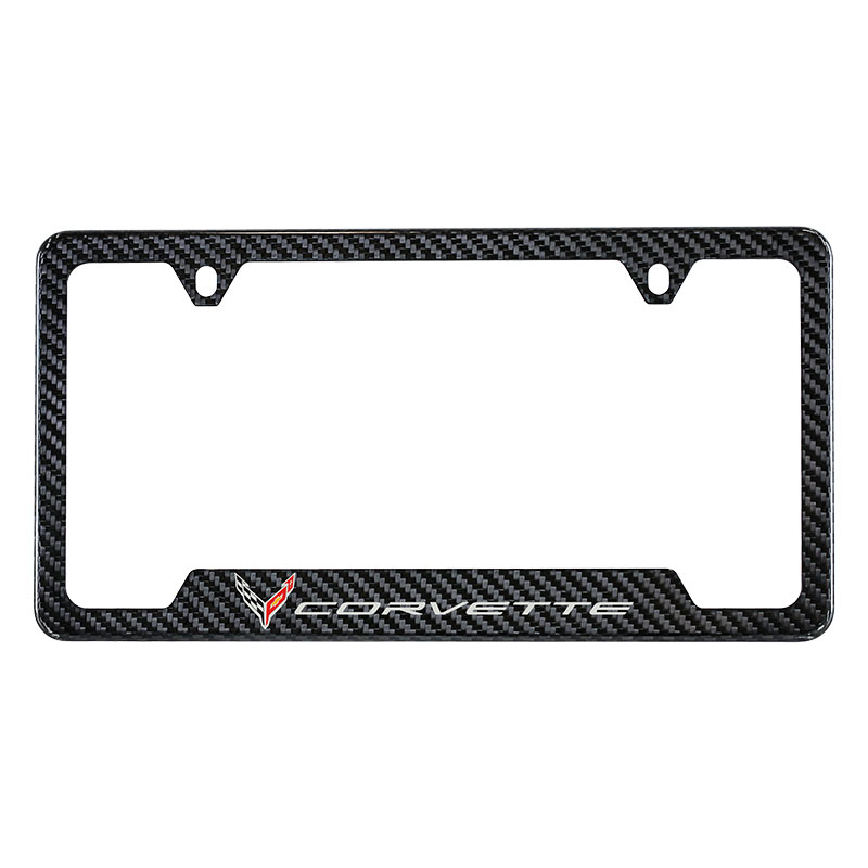 C8 Corvette 2020+ Stingray License Plate Frame, Visible Carbon Fiber, Corvette Crossed Flags Logo