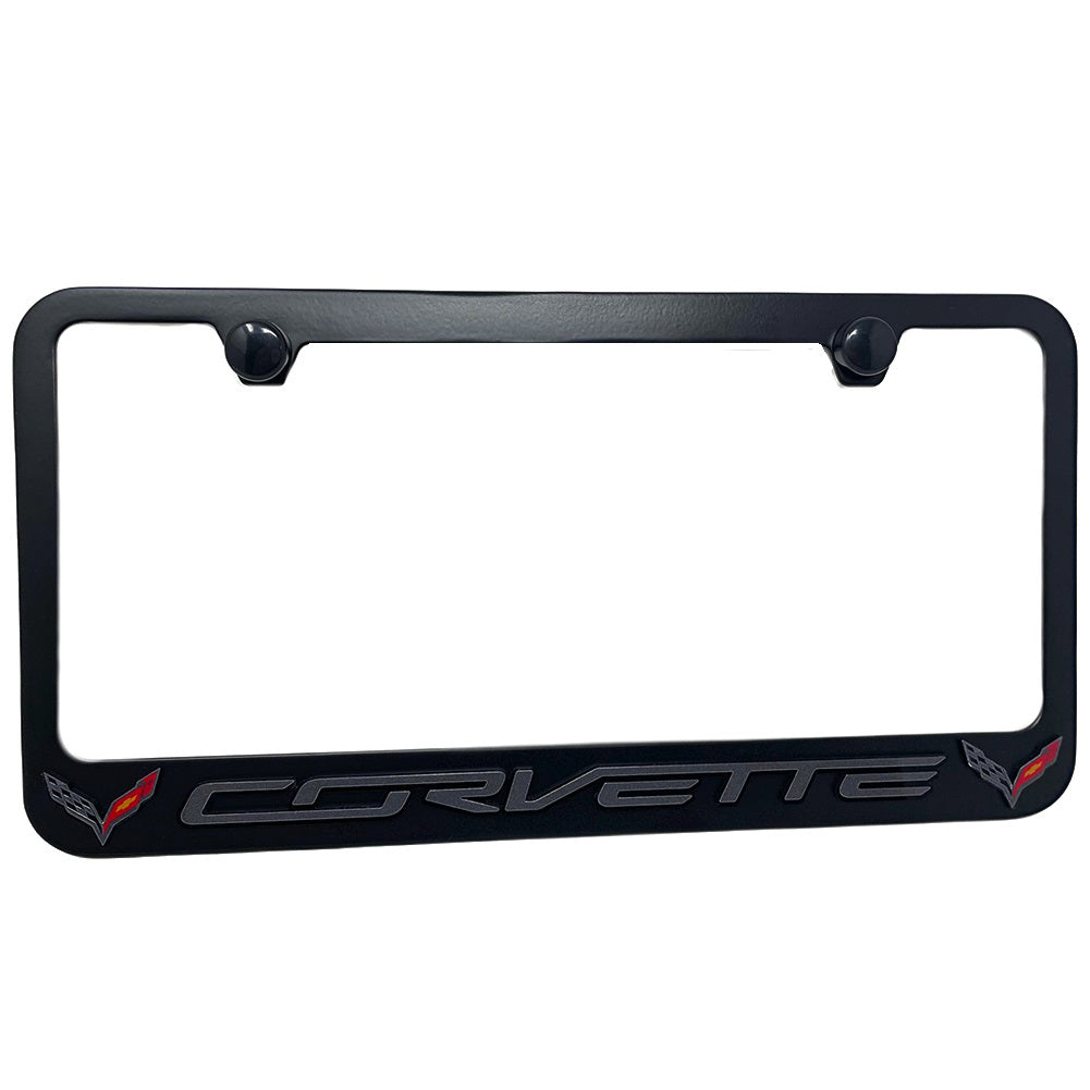 C7 Corvette License Plate Frame -DK Gray Script With Colored Crossed Flags Logo,