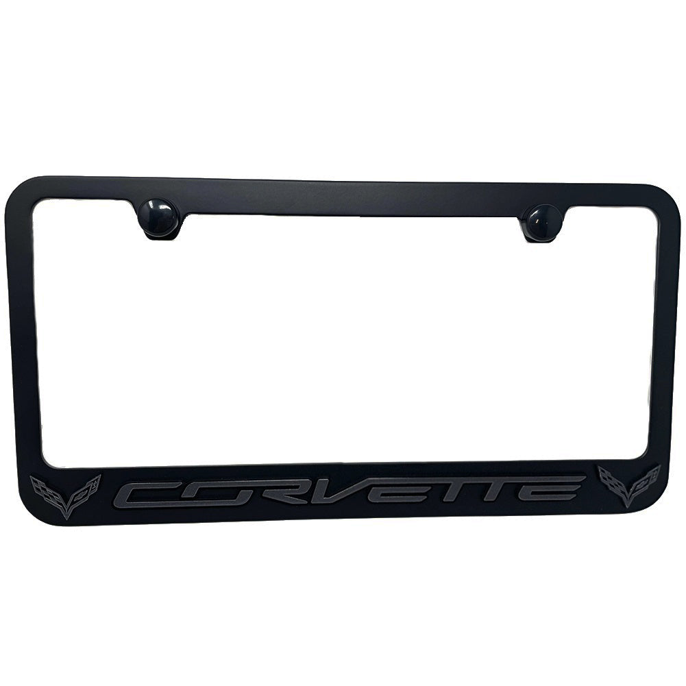 C7 Corvette License Plate Frame -Black Script & Crossed Flags Logo, Black,  2014