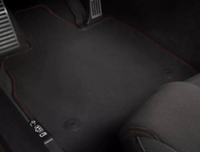 C8 Corvette First Row Carpeted Floor Mats in Jet Black with Torch Red Binding