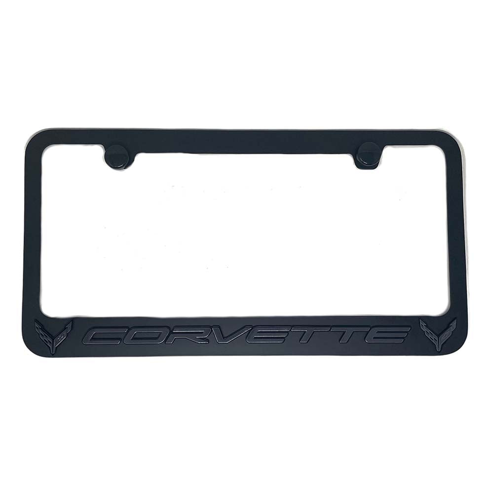 C8 Corvette License Plate Frame -Black Crossed Flags Logo, Black