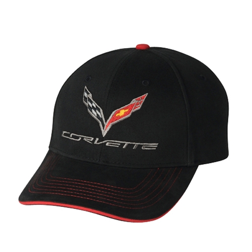 C7 Corvette Logo Premium Structured Cap : Black/Red Sandwich Bill - 2014+